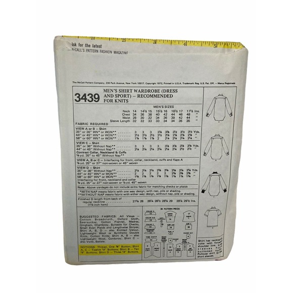 McCALL'S 3439 Vintage Sewing Pattern Men's Shirt Wardrobe Dress and Sport Sz 40 - Picture 2 of 5